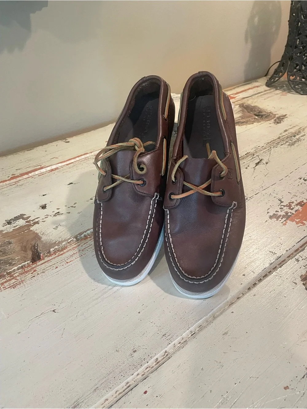 Sperry Dark Brown Leather Boat Shoes with Tan Laces